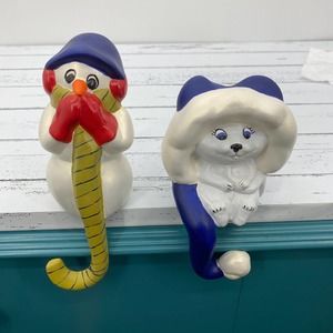 Vintage Handmade Ceramic Christmas Stocking Holders Snowman & Kitten Set of 2